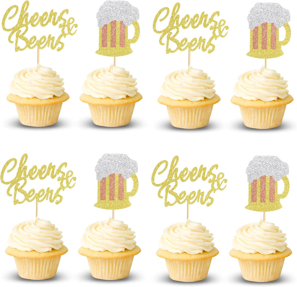 24Pcs Cheers Beer Mug Cupcake Toppers Beers Cake Topper Decorations Cheers Beer Festival Celebrating Birthday Party Supplies - Gold Glitter