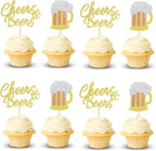 24Pcs Cheers Beer Mug Cupcake Toppers Beers Cake Topper Decorations Cheers Beer Festival Celebrating Birthday Party Supplies - Gold Glitter