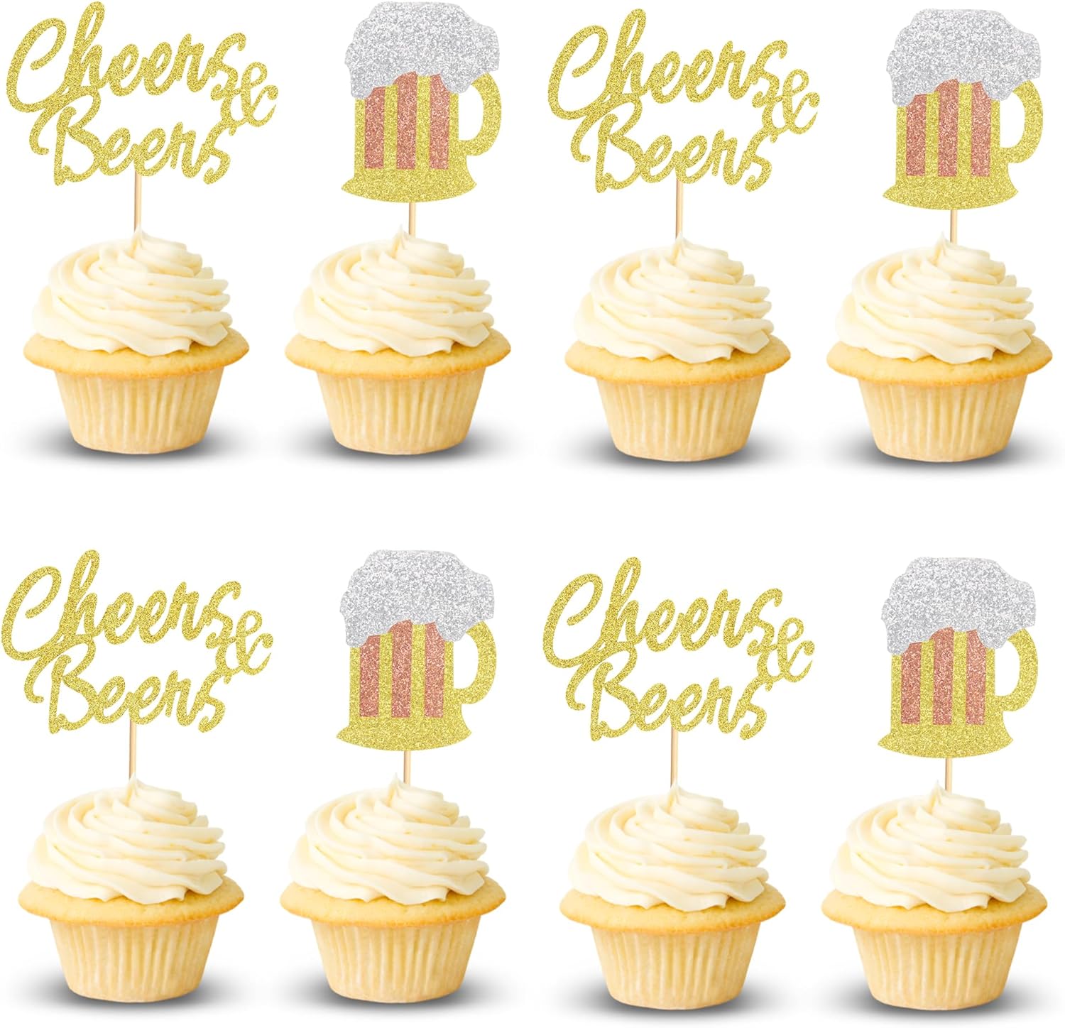 24Pcs Cheers Beer Mug Cupcake Toppers Beers Cake Topper Decorations Cheers Beer Festival Celebrating Birthday Party Supplies - Gold Glitter