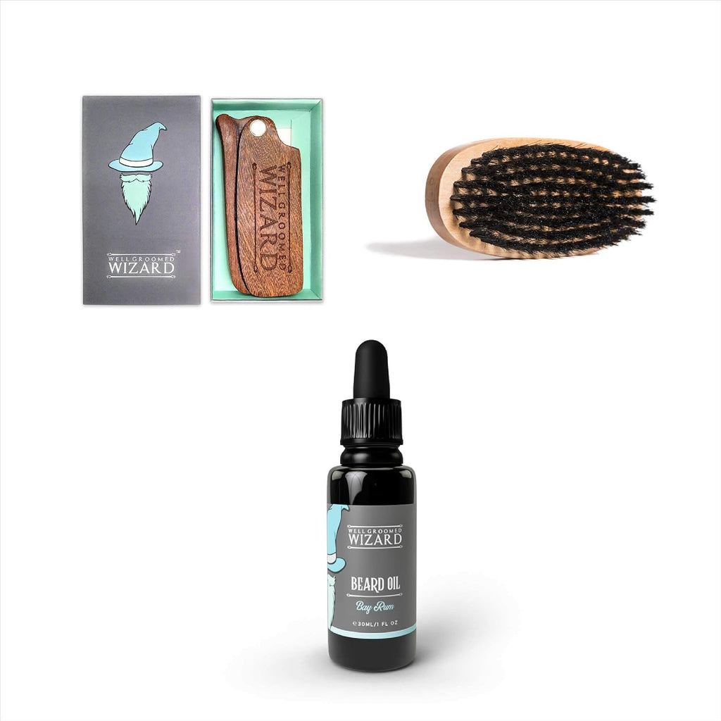 Beard Comb, Brush and Beard Oil Set, Beard Grooming Kit (Bay Rum)