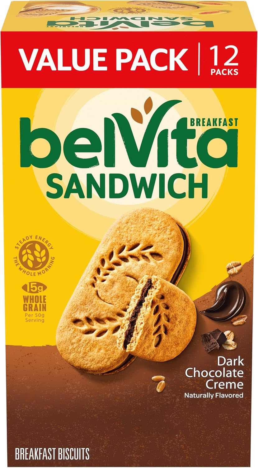 belVita Breakfast Bar Biscuit Sandwiches, Dark Chocolate Creme, Value Pack, 12 Packs (2 Biscuits Per Pack)