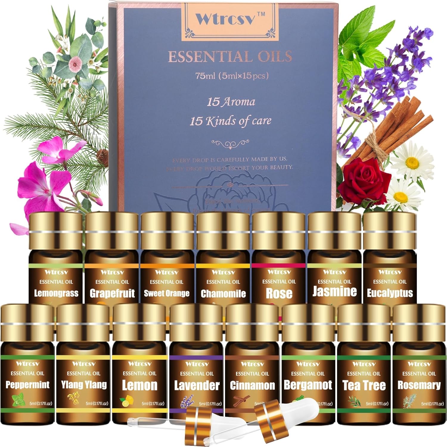 Essential Oils Set - Top 15 Scents for Diffuser, Humidifier, Skin Care, Aromatherapy, Massage, Candle & Soap Making - Fragrance Gift Set (5ml)