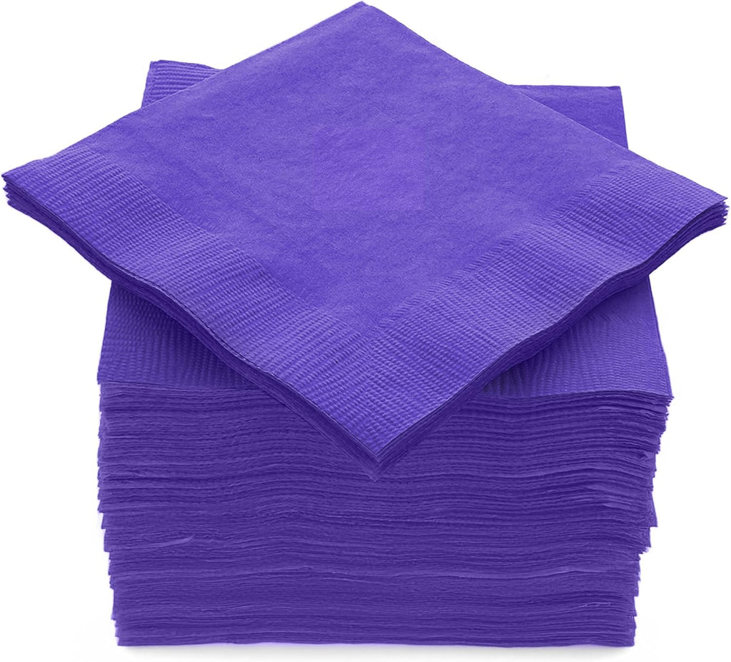100 Pack Purple Beverage Napkins, Big Party Pack, 2 Ply, Ideal for Wedding, Party, Birthday, Dinner, Lunch, Cocktails. (5” x 5”) by Amcrate