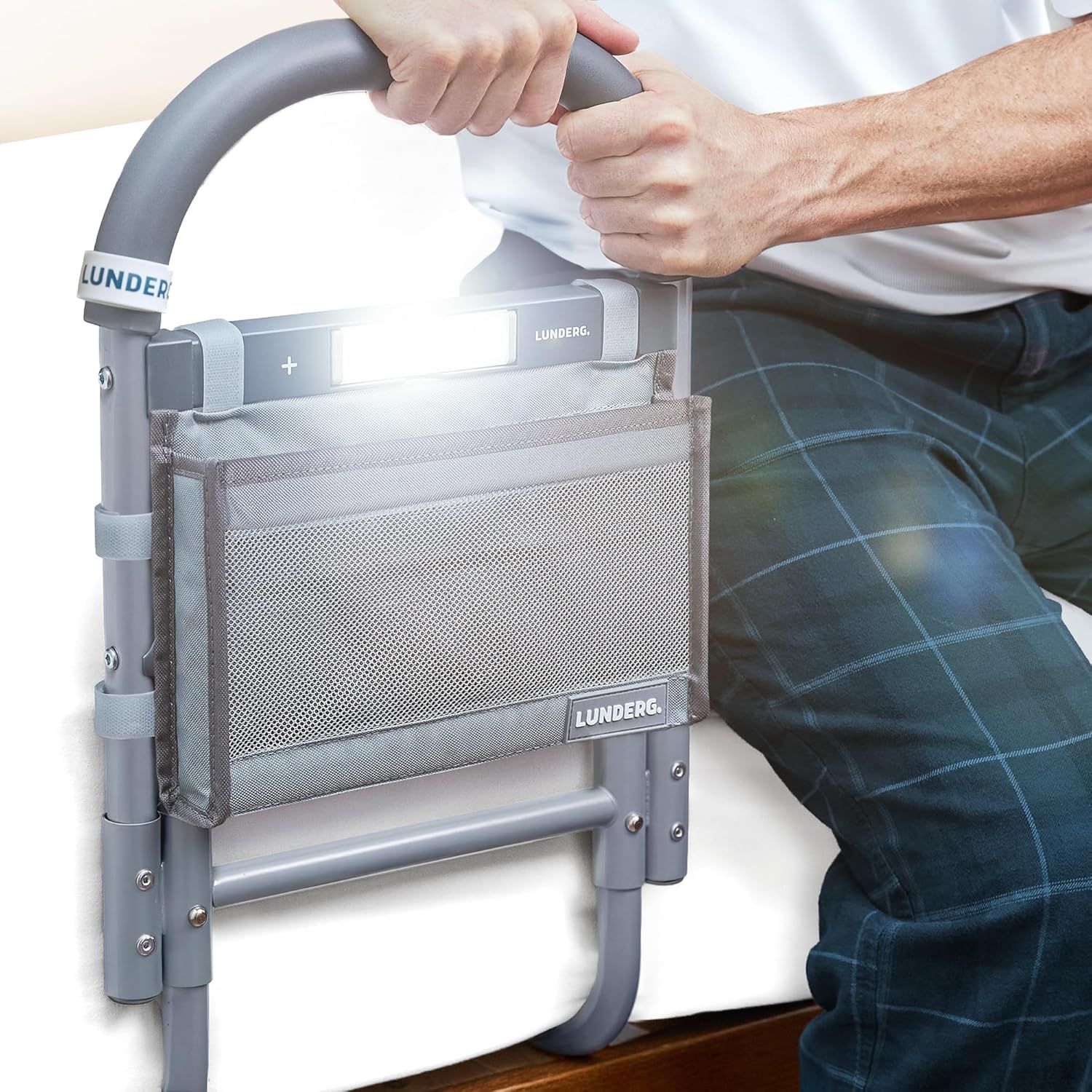 Lunderg Bed Assist Rail for Seniors with Motion-Activated Light & Storage Pocket - Easy to Install Bed Rails for Elderly Adults Safety & Post-Surgery - Helps Reduce Falls & Support Independence