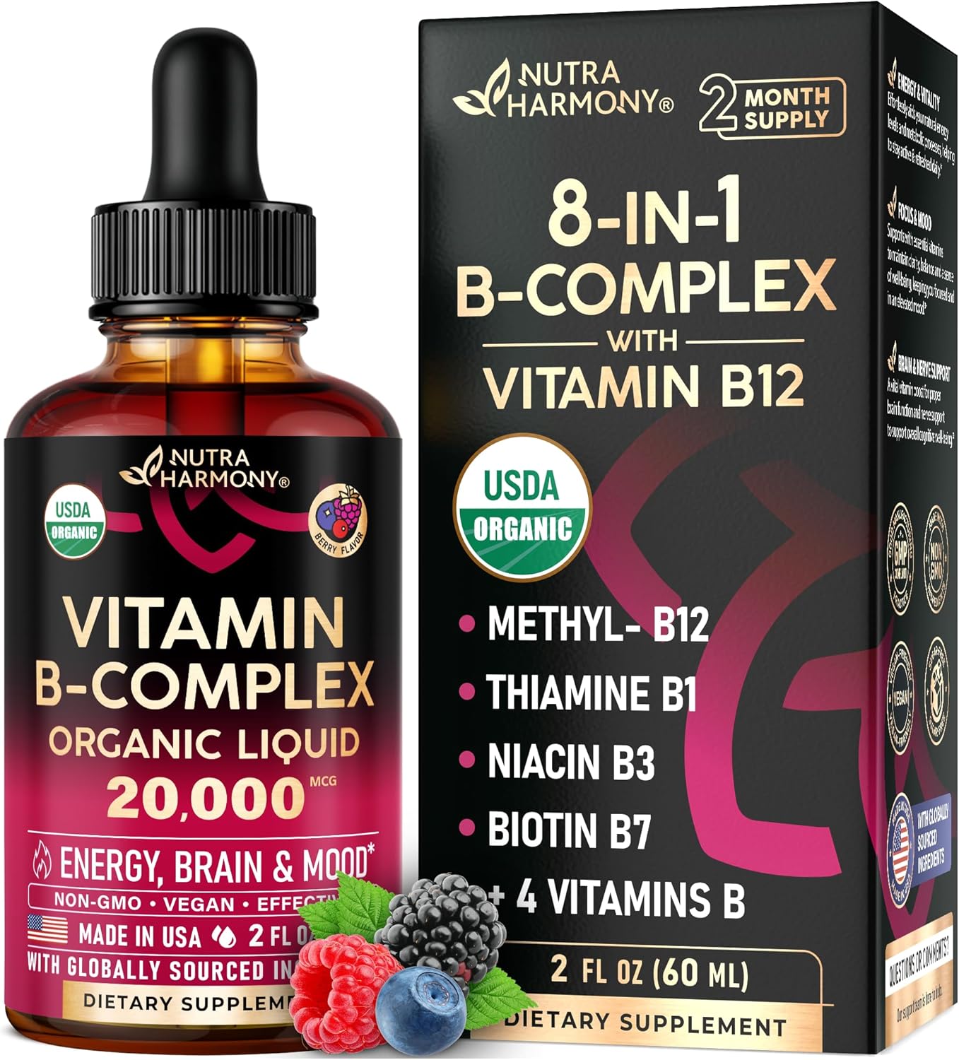 USDA Organic Vitamin B-Complex B5 Pantothenic Acid | B12 Methylcobalamin | B1 Thiamine | B6 Pyridoxine | B7 Biotin | B9 Folic | B3 Niacinamide - B Complex Liquid Drops, Made in USA Supplement, 2fl oz