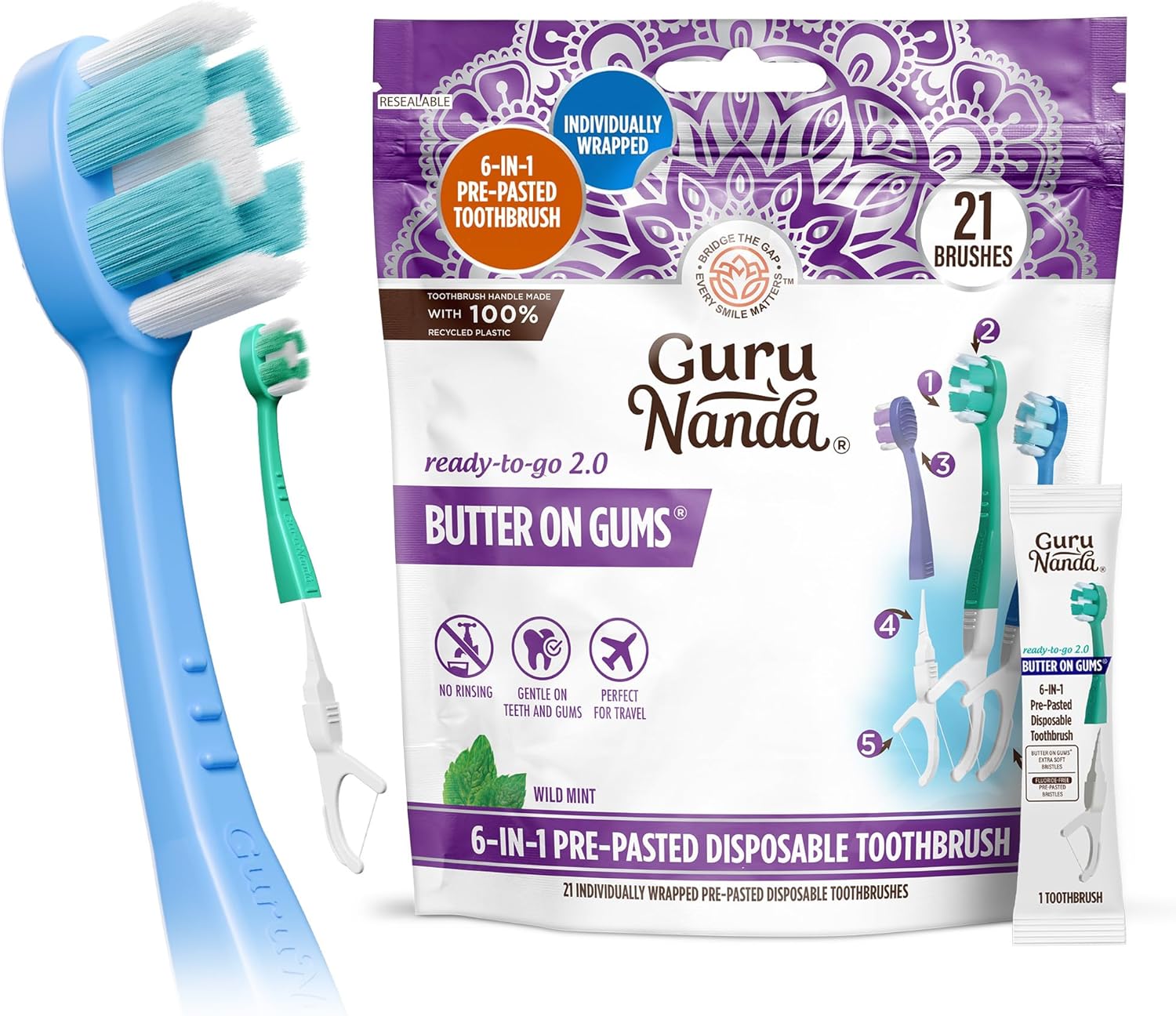 GuruNanda 6-in-1 Ready-to-Go Disposable Toothbrush, Pre-Pasted Butter on Gums Softex Bristles, Floss & Toothpick, Tongue & Cheek Cleaner, Individually Wrapped & TSA Friendly, 21 Ct