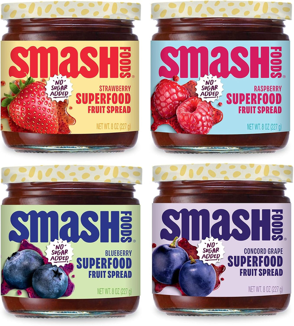 Smash Foods Jam | Classics Variety 4-Pack | Low-Calorie, No Sugar Added Keto Jam with Upcycled Fruit & Chia Seeds | Vegan, Paleo Superfood Spread