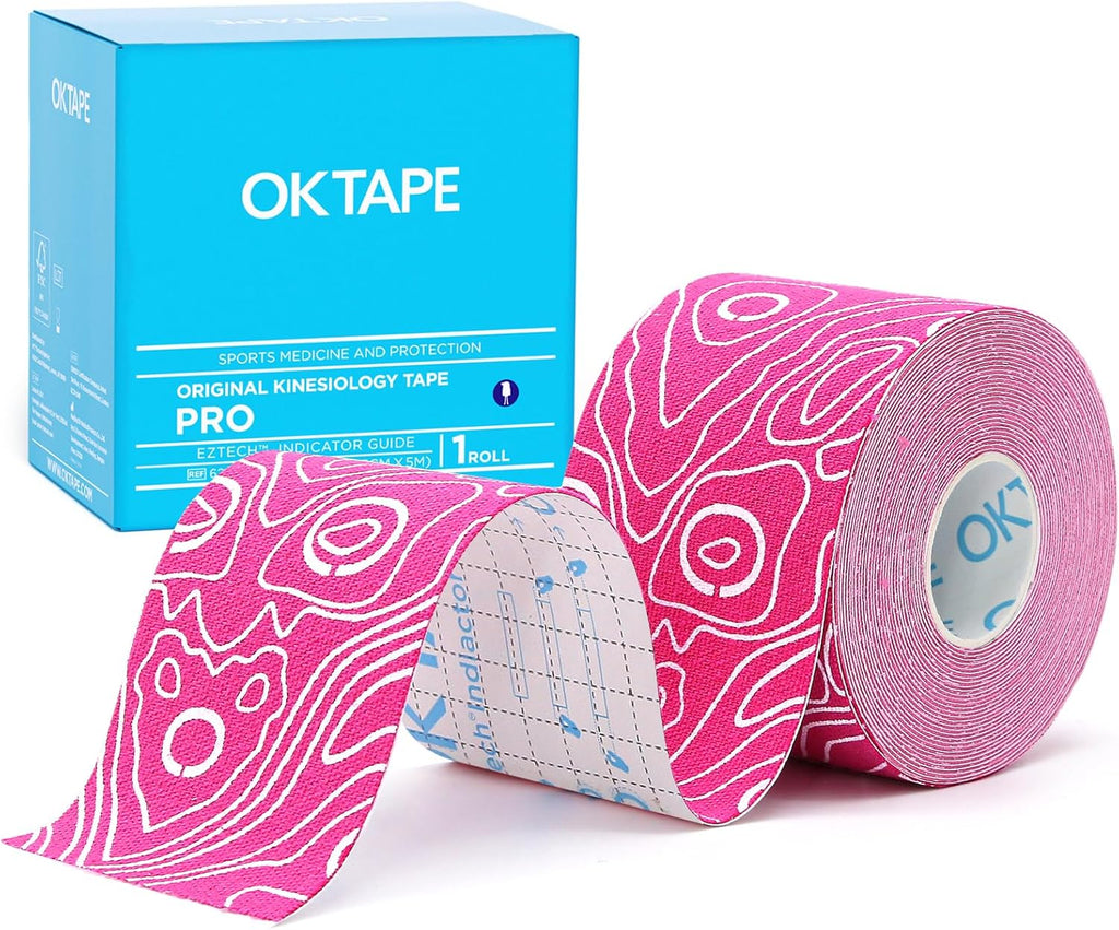 OK TAPE PRO Kinesiology Tape, 2inch x Long Roll 16ft Free Cut Tape, Elastic Athletic Tape Therapeutic Latex Free, Pink+White
