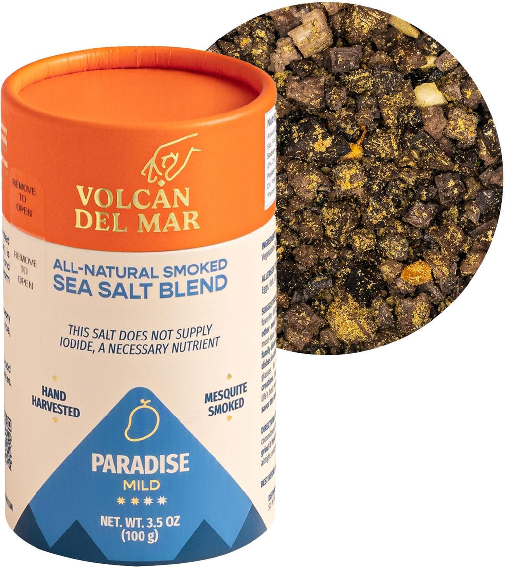 VOLCAN DEL MAR Mesquite Smoked Sea Salt Blend – Unrefined Gourmet Sea Salt Flakes from Mexico – 100% Natural Seasoning for Cooking & Finishing – Paradise (Mild) – 3.5 oz