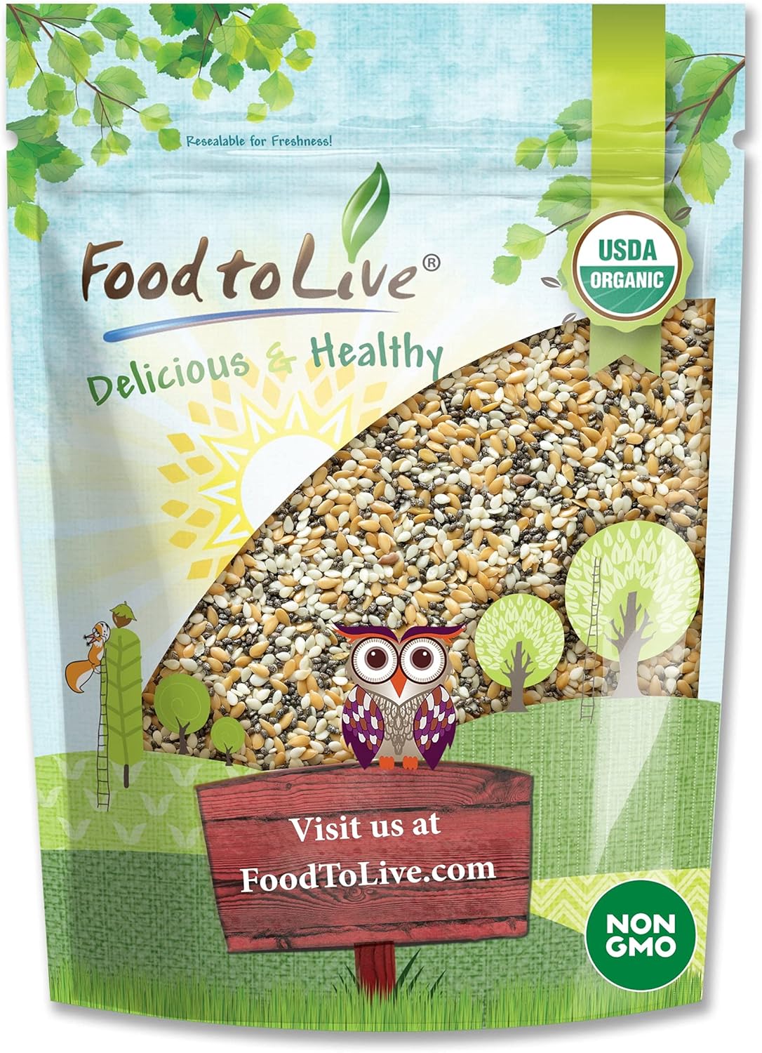 Food to Live Organic Omega-3 Seeds Mix with Flax, Chia and Sesame, 1.5 Pounds Non-GMO Whole Seeds, Raw, Kosher, Vegan. Rich in Omega 3 Fatty Acids and Dietary Fiber. Great for Salads and Oatmeal