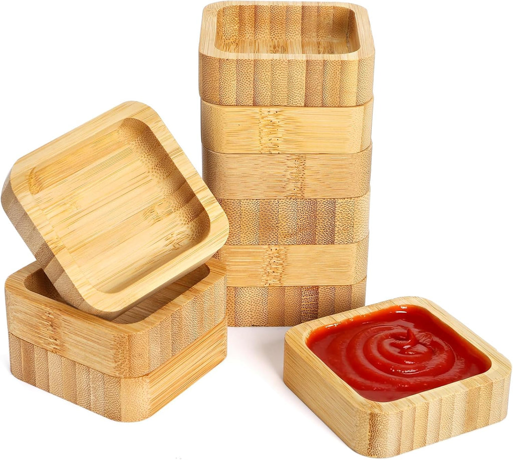 Jucoan 10 Pack Bamboo Soy Sauce Dipping Bowls,1.4 oz Square Small Dip Bowl Sauce Plate for Condiments, Appetizers, Side Dishes, Sushi Ketchup, Charcuterie Board, Unbreakable, Stackable, Lightweight