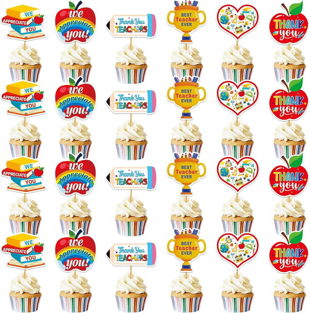 24Pcs Thank You Teacher Cupcake Toppers Thank You Cupcake Toppers Teacher Appreciation Decorations for Teachers Day Party Decorations