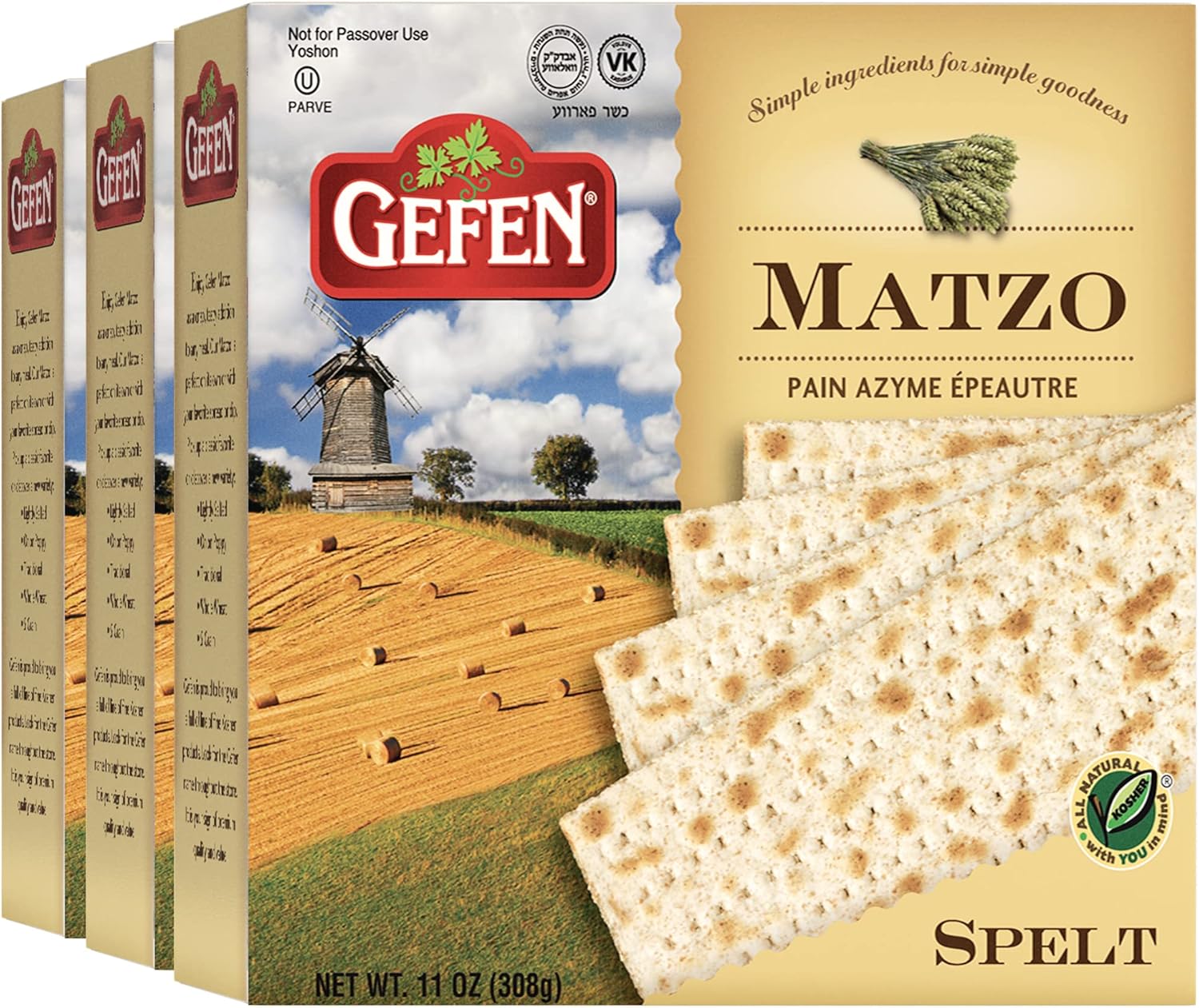 Gefen Organic Spelt Matzo 11oz (3 Pack) All Natural, Crisp & Delicious