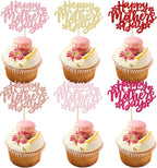 Ephlyn 24Pcs Happy Mother's Day Cupcake Topper Happy Mother's Day Cupcake Picks Glitter Flower Best Mom Party Cake Decorations Cupcake Toppers Picks for Mother's Birthday Party Supplies Multi