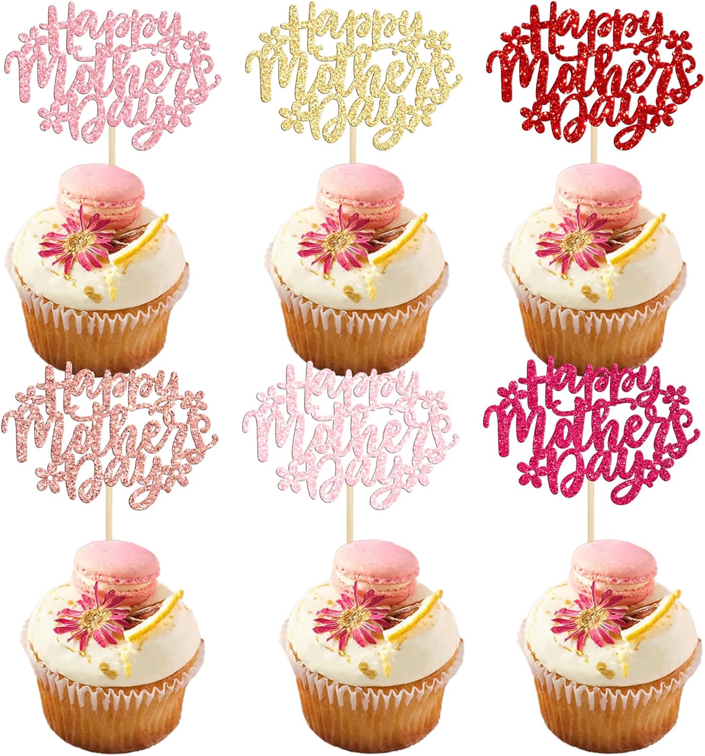 Ephlyn 24Pcs Happy Mother's Day Cupcake Topper Happy Mother's Day Cupcake Picks Glitter Flower Best Mom Party Cake Decorations Cupcake Toppers Picks for Mother's Birthday Party Supplies Multi