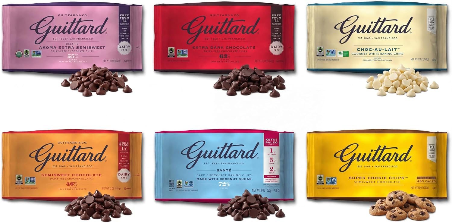 Guittard Chocolate Chip Variety Pack (6 Pack) – Premium Baking Chips Assortment with Semi-Sweet, Milk Chocolate, 55% Cacao, 63% Extra Dark, 72% Dark & Super Cookie Chips – Gourmet Baking Chocolate Set for Cookies, Brownies & Desserts
