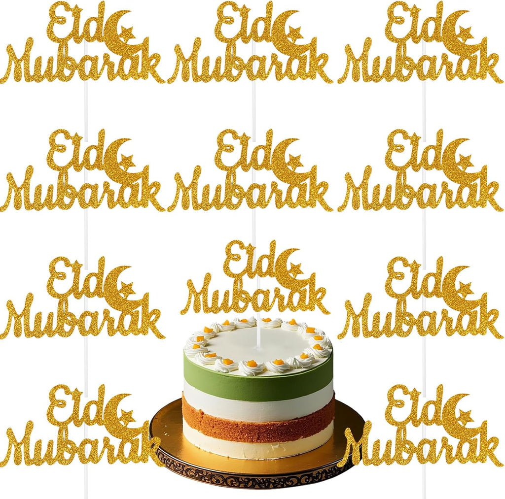 10Pcs Eid Mubarak Cake Topper Glitter Ramadan Cupcake Toppers Gold Star Moon Cake Toppers for Ramadan Cake Decorations Supplies