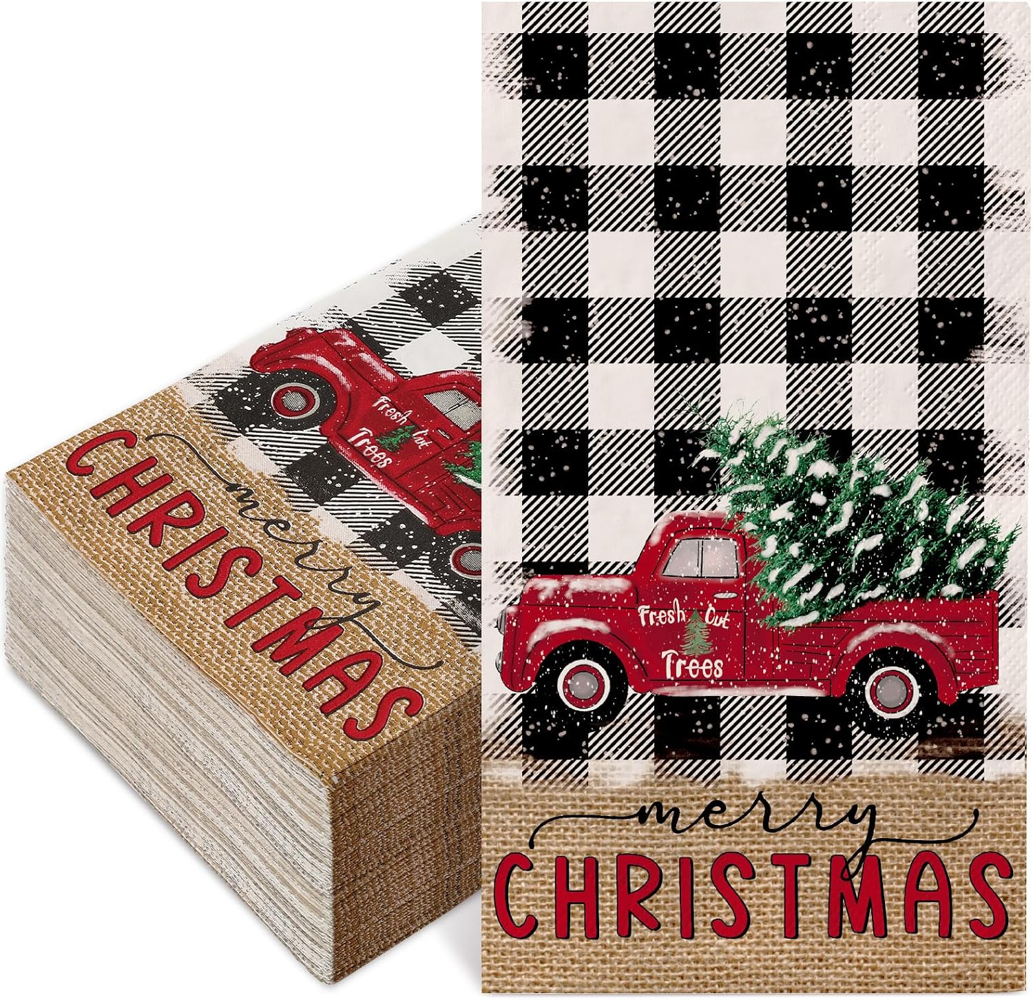 JarThenaAMCS 80Pcs Christmas Guest Napkin Black White Plaid Xmas Truck Disposable Paper Napkin Dinner Hand Towel Napkin for Christmas Holiday Party Supplies