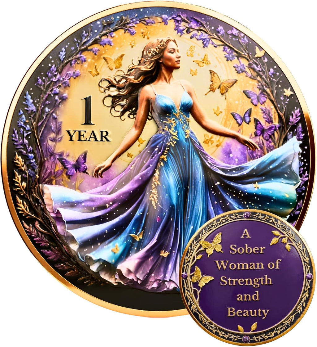 MilestoneMint Butterfly Woman’s 1 Year Sobriety Chips – Sobriety Gifts, AA Medallions, Sober Coins AA Tokens, Anniversary Gift for Her – Serenity Prayer 3D Raised Metal w/Textured Feel, Capsule, Card