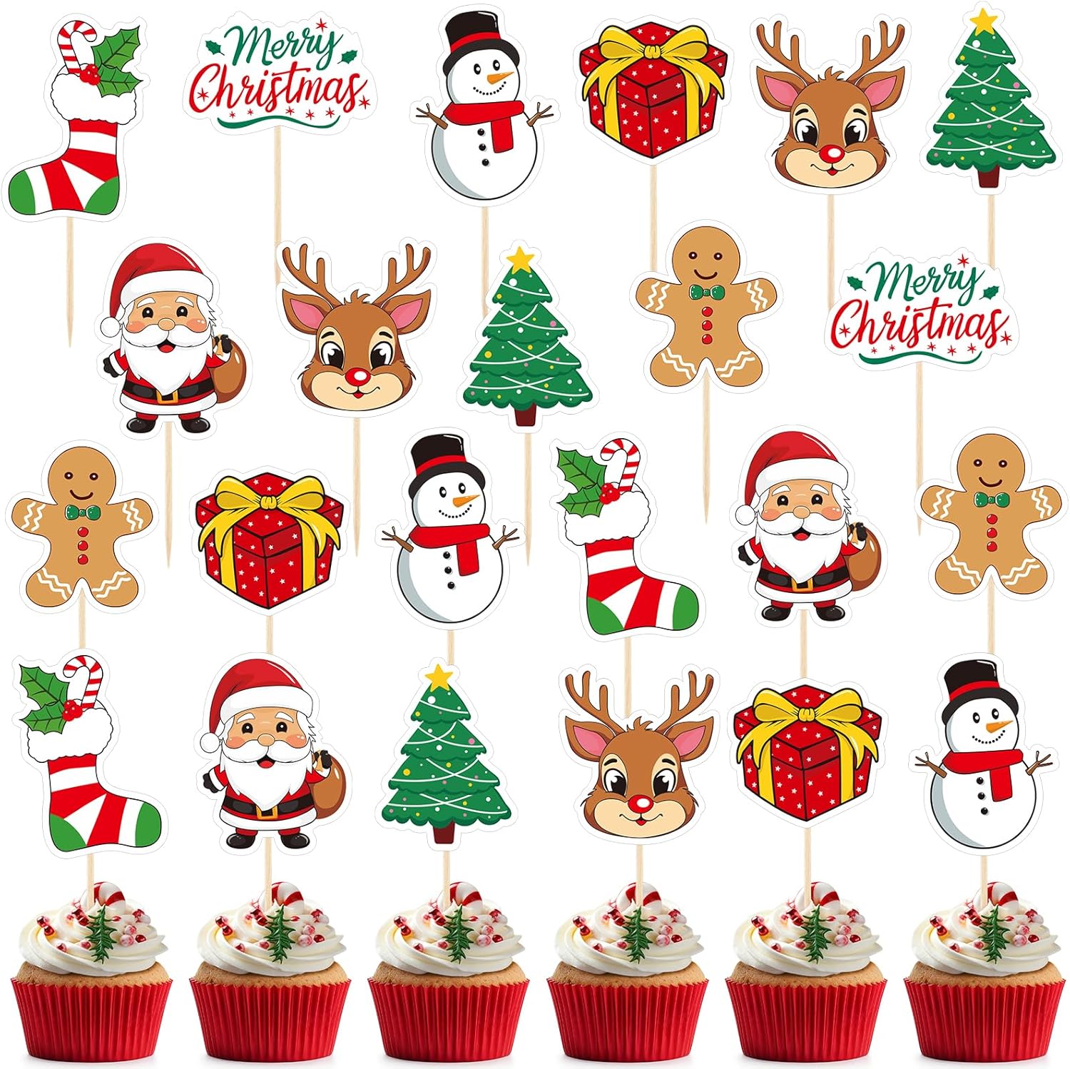 Morcheiong Christmas Cupcake Toppers - 80 Pcs Winter Holiday Party Fruit Cake Decoration Supplies