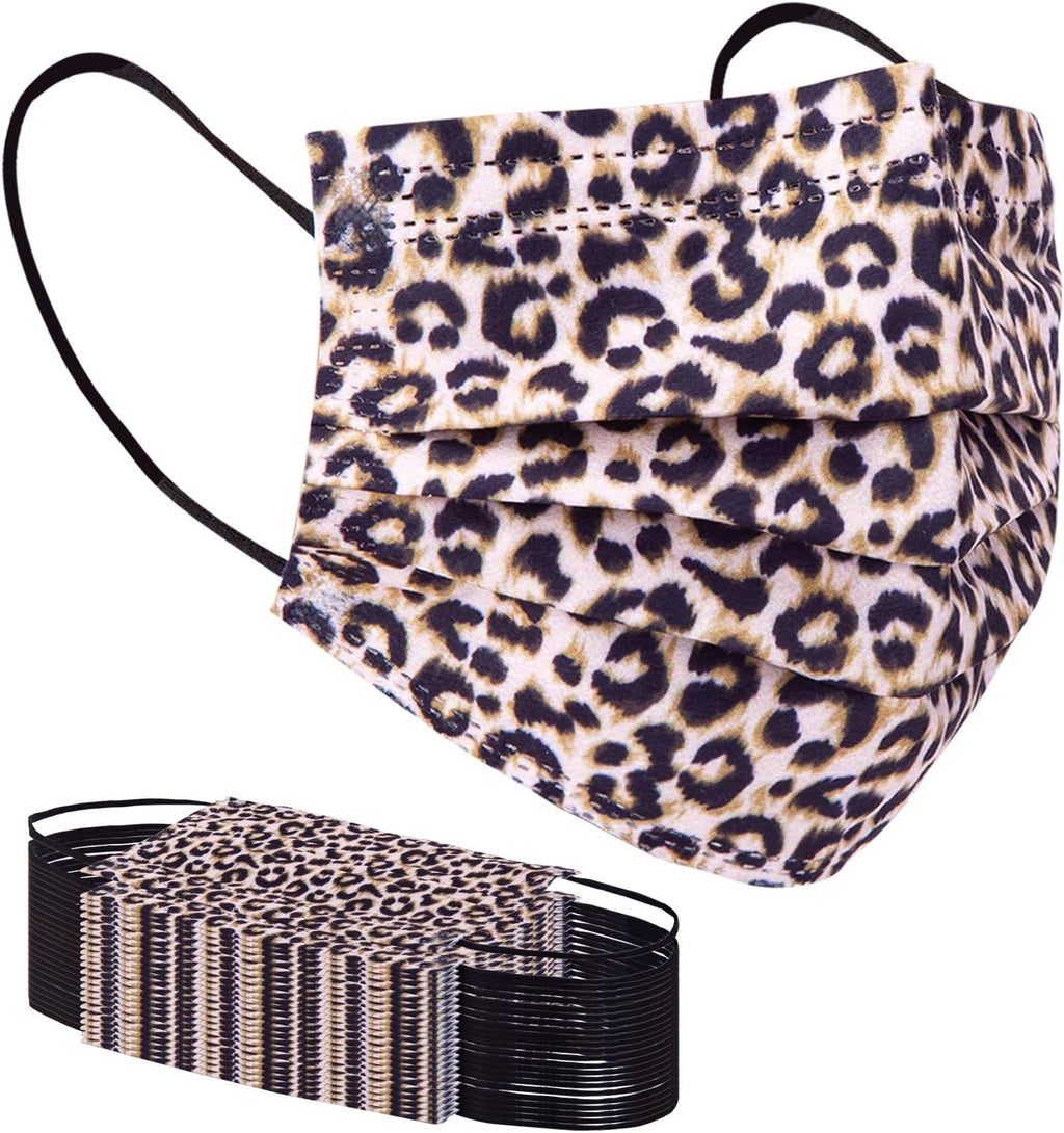 Borje Disposable Face Masks with Designs Cute Face Mask 3 Ply Cheetah Print 50 Pcs