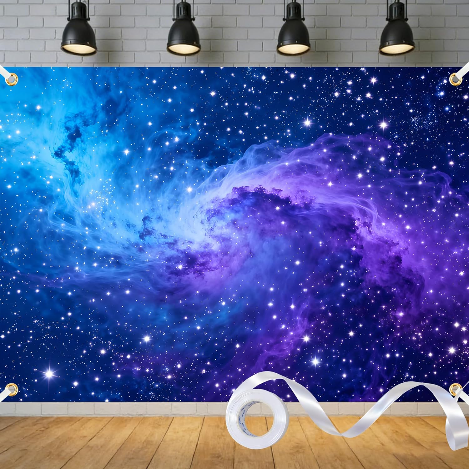 Galaxy Backdrop Outer Space Party Decorations Polyester Starry Night Sky Backdrop Space Tapestry Universe Nebula Theme Photo Background Cosmic with Ribbon (Galaxy, 7x5 Ft)
