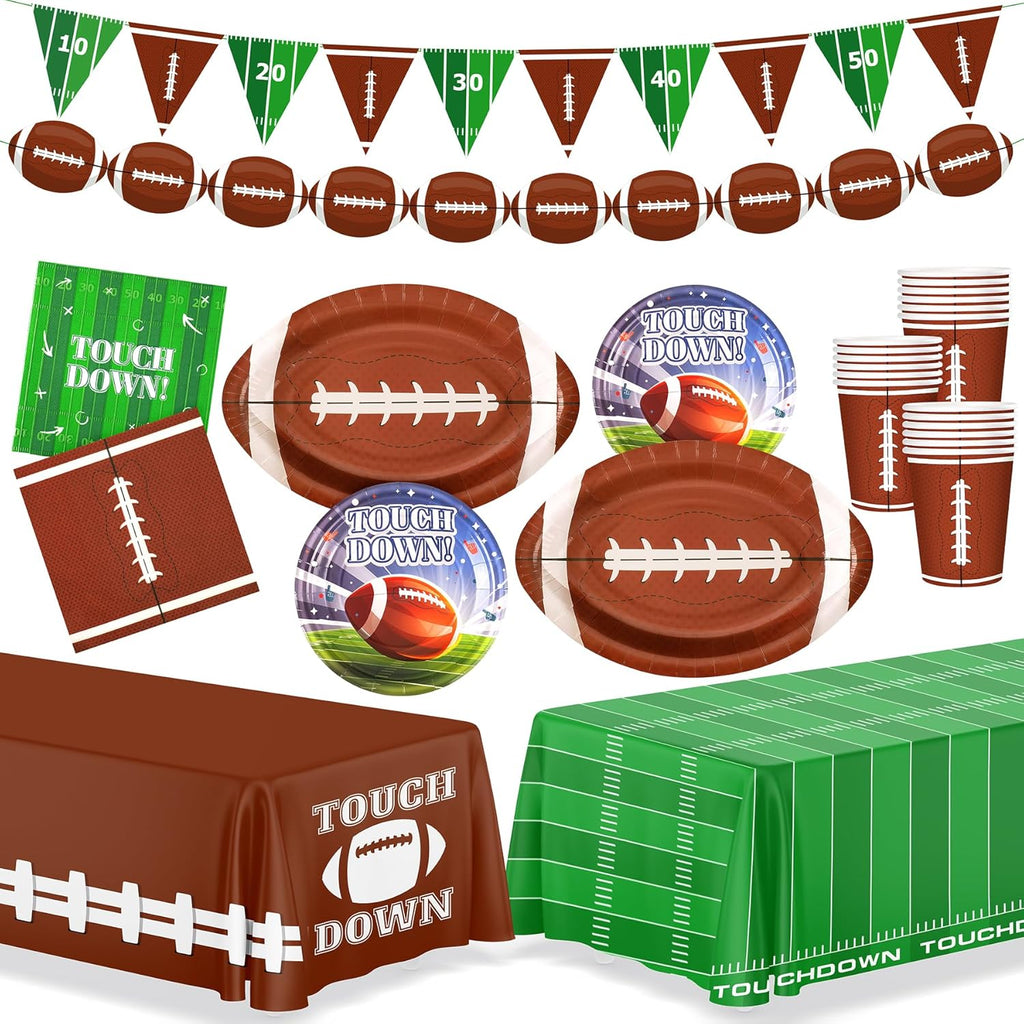 99PCS Football Party Tableware Supplies,Set of 24 Football Plates Napkins Cups,11.8in Football Shaped Disposable Paper Plates,Banner and Touchdown Tablecloth for Birthday Gameday Tailgate Decoration