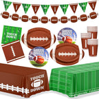 99PCS Football Party Tableware Supplies,Set of 24 Football Plates Napkins Cups,11.8in Football Shaped Disposable Paper Plates,Banner and Touchdown Tablecloth for Birthday Gameday Tailgate Decoration