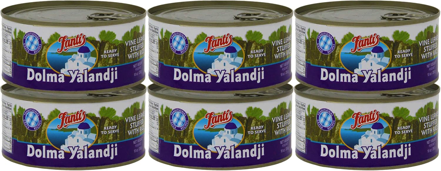 Fantis Dolmas Stuffed Grape Leaves, vine leaves stuffed with rice, ready to eat meals - Mediterranean meal in a can pure wraps cooked rice, tasty food for a great snack 10 Ounce (Pack of 6)