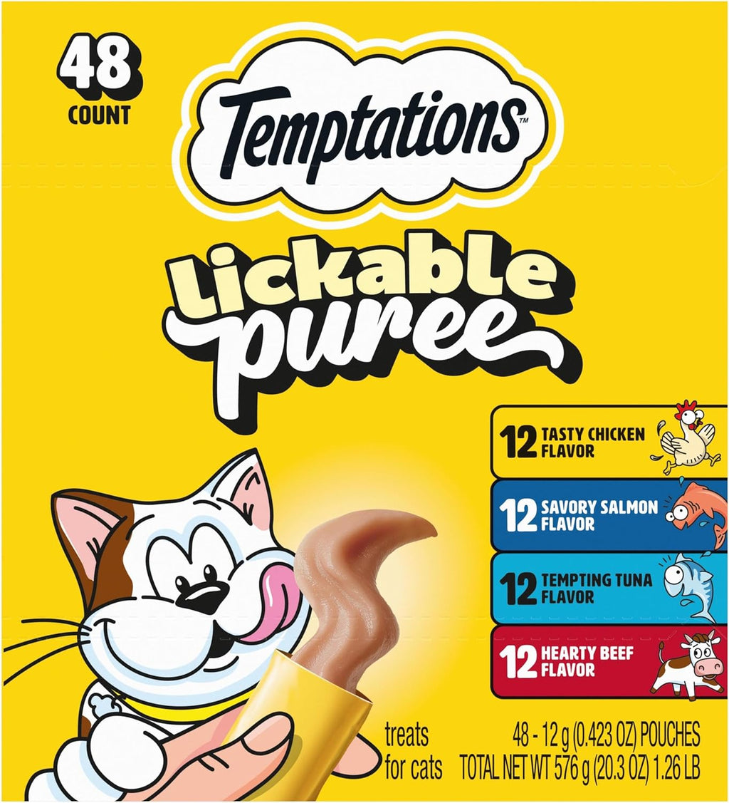 Temptations Creamy Puree Squeezable Lickable Cat Treats, Wet Cat Treats with Beef, Salmon, Chicken, and Tuna Variety Pack, 0.42 oz. Tubes, 48 Count