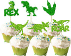 Gyufise 24Pcs Dinosaur Cupcake Toppers Green Glitter 3 Rex Roar Dinosaur Cupcake Picks Three Years Old Dino Theme Baby Shower Third Birthday Party Cake Decorations Supplies