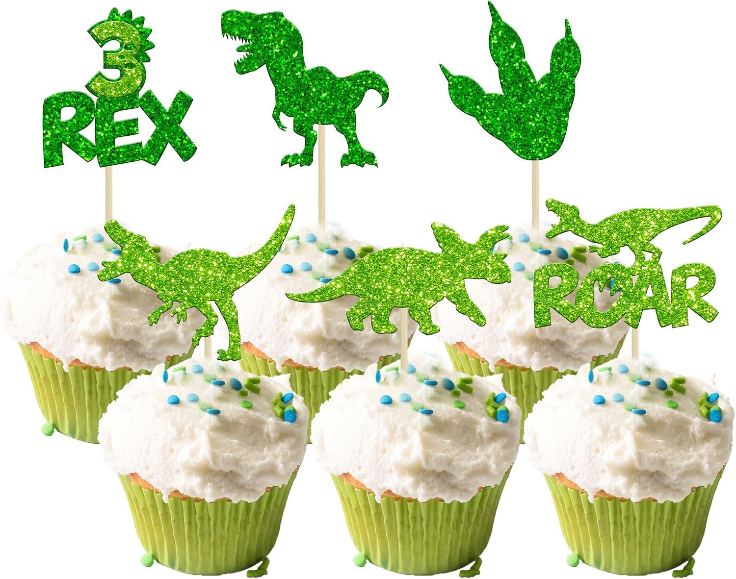 Gyufise 24Pcs Dinosaur Cupcake Toppers Green Glitter 3 Rex Roar Dinosaur Cupcake Picks Three Years Old Dino Theme Baby Shower Third Birthday Party Cake Decorations Supplies