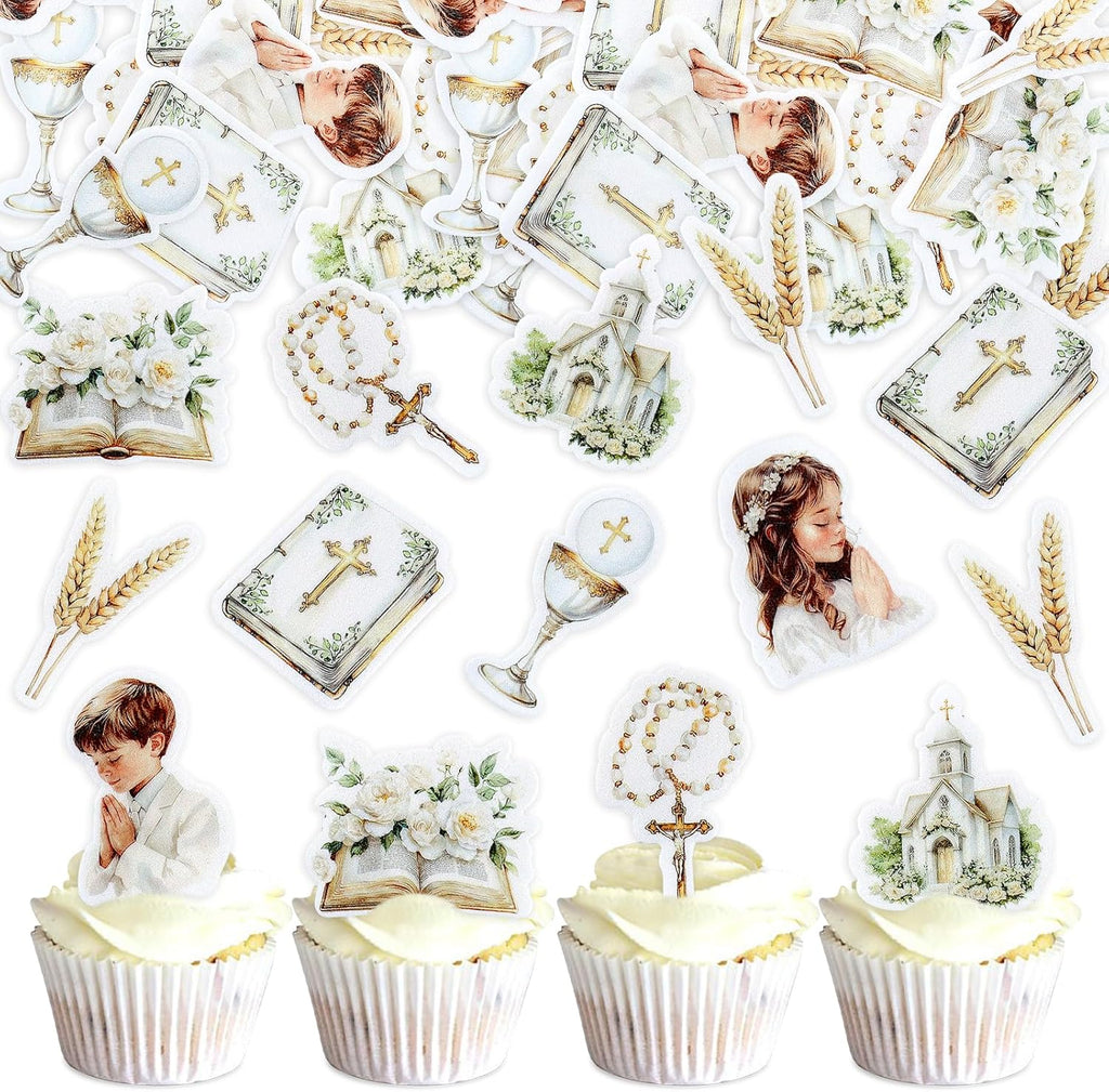 40PCS Edible Holy Grail Lily Cross Cupcake Toppers Pray Girl Boy Cupcake Picks for Baptism First Communion Party Decor Christening Celebration Religious Birthday Party Decorations Supplies