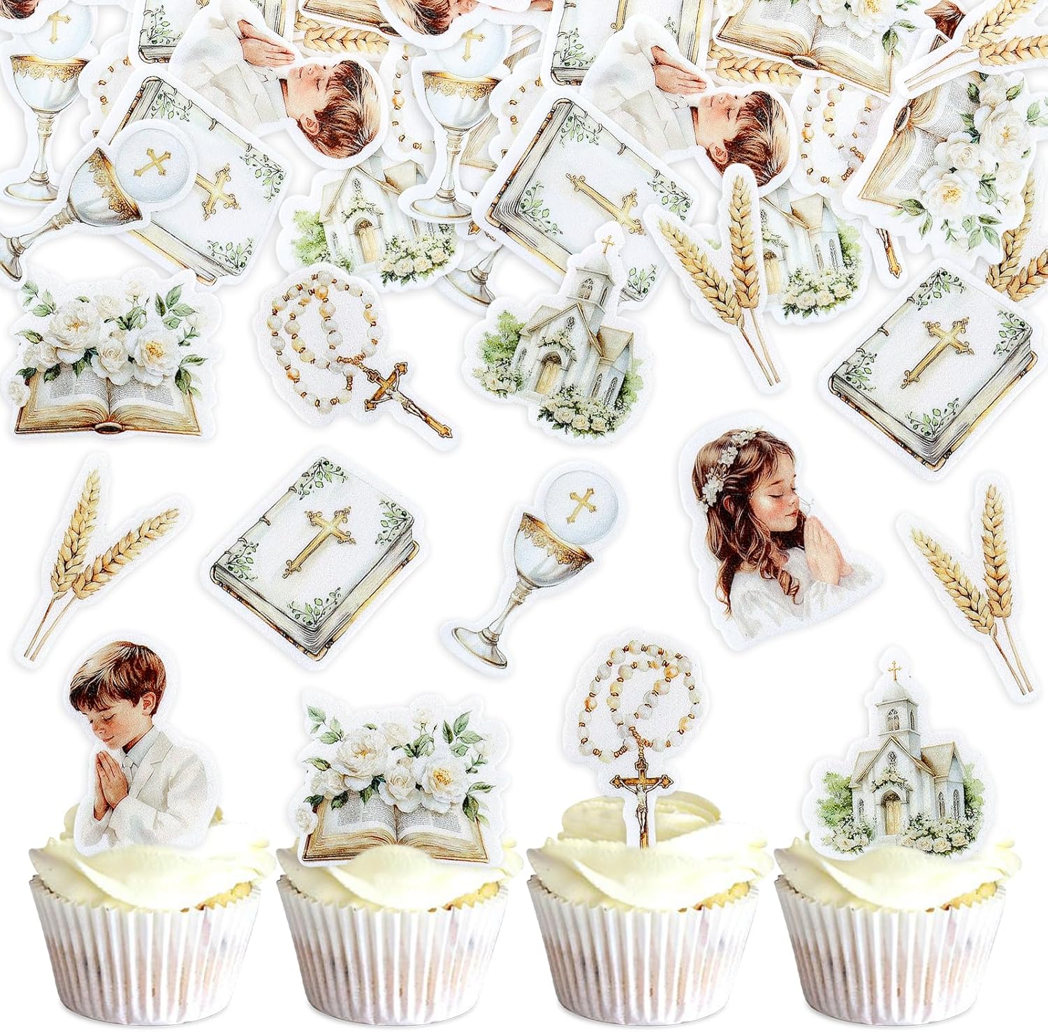 40PCS Edible Holy Grail Lily Cross Cupcake Toppers Pray Girl Boy Cupcake Picks for Baptism First Communion Party Decor Christening Celebration Religious Birthday Party Decorations Supplies