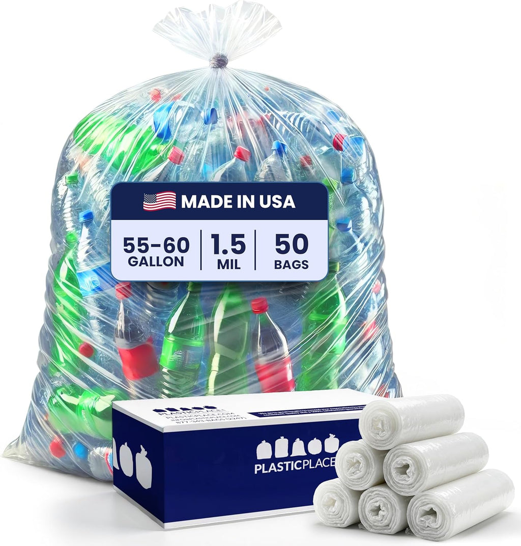 Plasticplace Heavy Duty 55-60 Gallon Trash Bags – Clear Garbage Can Liners (38” x 58”) – Durable Multiuse, Puncture-Resistant, 50 Count – Ideal for Kitchens, Warehouses and Recycling Trashbags 1.5 Mil