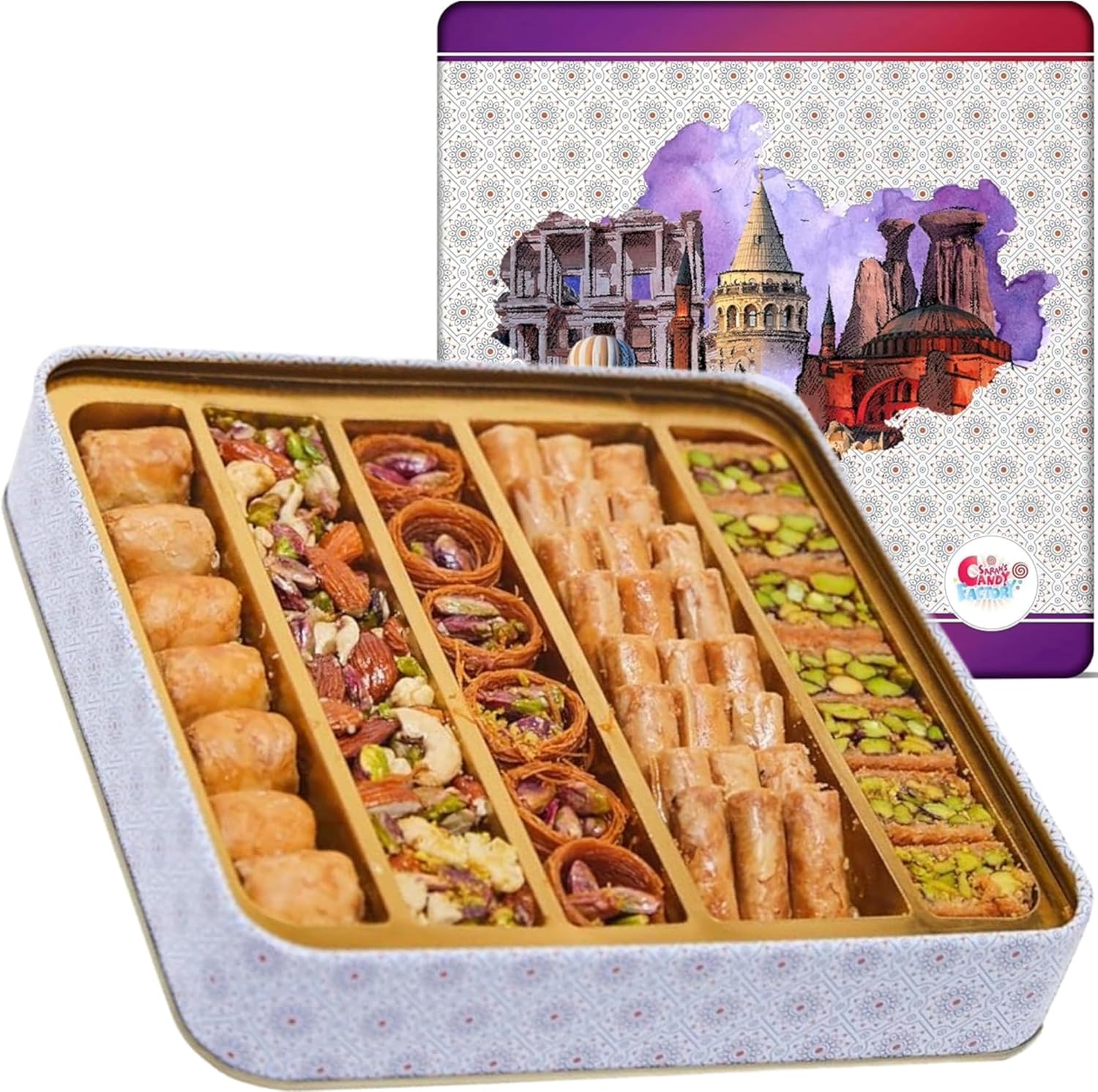 Sarah's Candy Factory 1.1 Lb Assorted Premium Baklava Pastry Gift Box Halal Snacks, 500 Gr in a Metal Box Turkish Dessert Ideal for Gift