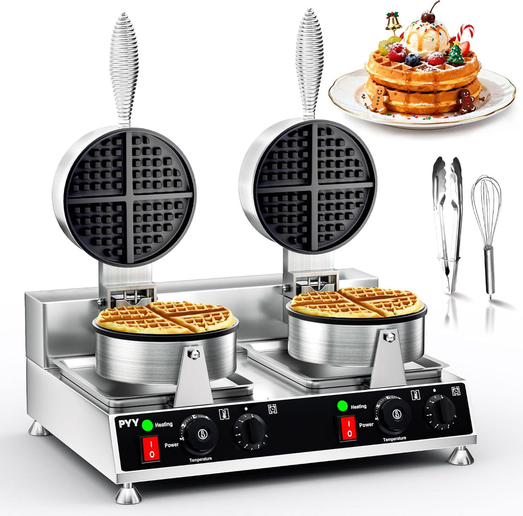 PYY Commercial Waffle Maker - Double Waffle Maker 2500W Large Stainless Steel，Silver Non-stick Electric Chaffle Maker for for Restaurant Bakery Snack Bar Family Carnival Events, Silver