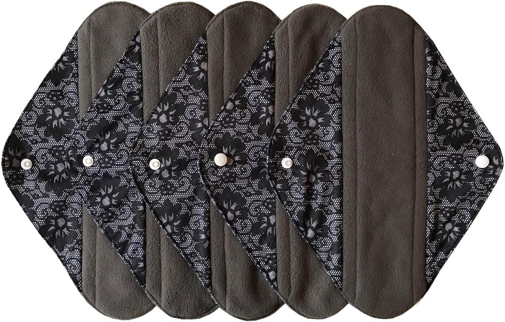 5 Pieces Charcoal Bamboo Mama Cloth/Menstrual Pads/Reusable Sanitary Pads (Black lace, Heavy (12 inch))