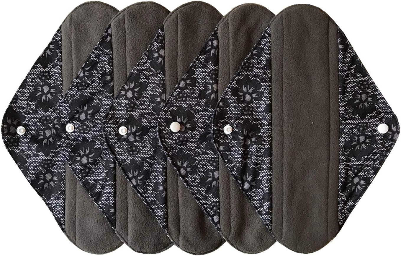 5 Pieces Charcoal Bamboo Mama Cloth/Menstrual Pads/Reusable Sanitary Pads (Black lace, Heavy (12 inch))