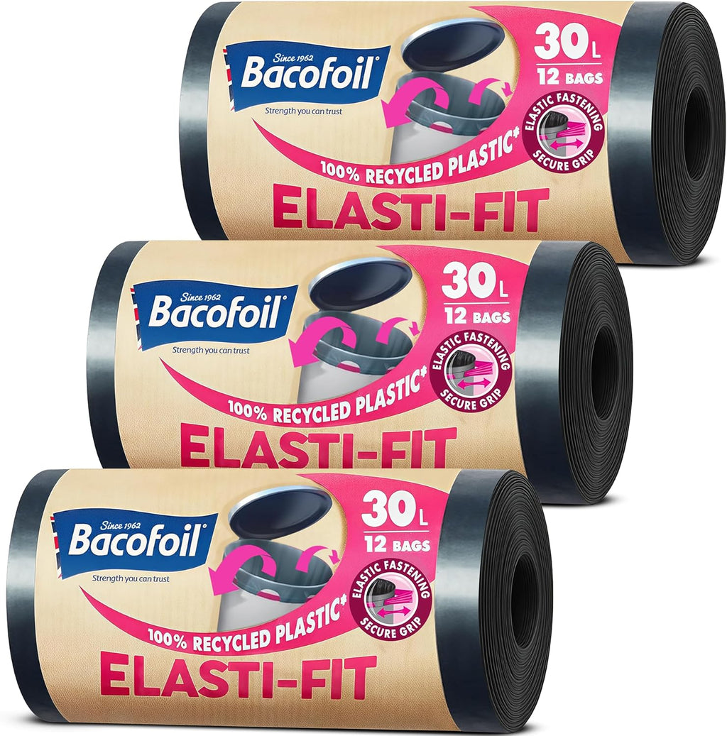 Bacofoil Elasti-Fit Bin Liners with Drawstring Handles 30L - Leak-Proof Bin Bag with Elastic Fastening for a Secure Fit (3 Rolls, 36 Bags)…