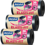 Bacofoil Elasti-Fit Bin Liners with Drawstring Handles 30L - Leak-Proof Bin Bag with Elastic Fastening for a Secure Fit (3 Rolls, 36 Bags)…