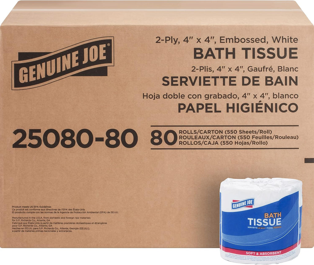 Genuine Joe Standard Bath Tissue, 4" x 4", 2-Ply, 550 Sheets/Roll, 80 Count