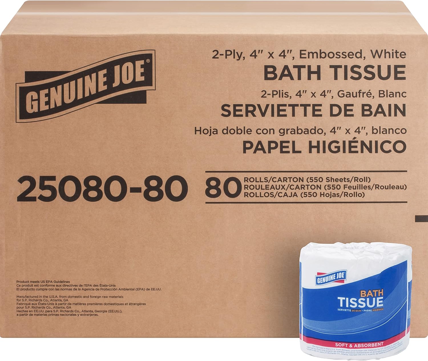 Genuine Joe Standard Bath Tissue, 4" x 4", 2-Ply, 550 Sheets/Roll, 80 Count