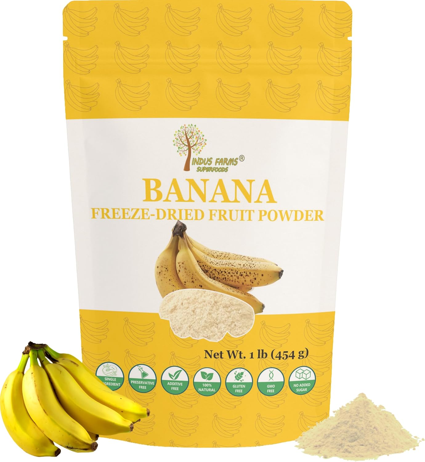 Indus Farms Freeze Dried Banana Fruit Powder | Wholesome Flavor for Smoothies, Baking, Cereals, Frostings, Energy Bars | Natural Sweetener | Additive-Free, GMO-Free | 1 LB