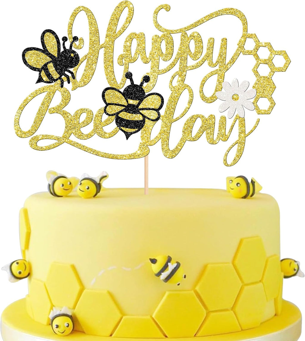 1 PCS Happy Bee Day Cake Topper Glitter Honeycomb Flower Bumble Bee Theme Cake Pick Baby Shower Bee Cake Decoration for Gender Reveal Baby Shower Kids Boys Girls Birthday Party Supplies Gold