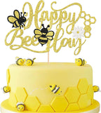 1 PCS Happy Bee Day Cake Topper Glitter Honeycomb Flower Bumble Bee Theme Cake Pick Baby Shower Bee Cake Decoration for Gender Reveal Baby Shower Kids Boys Girls Birthday Party Supplies Gold