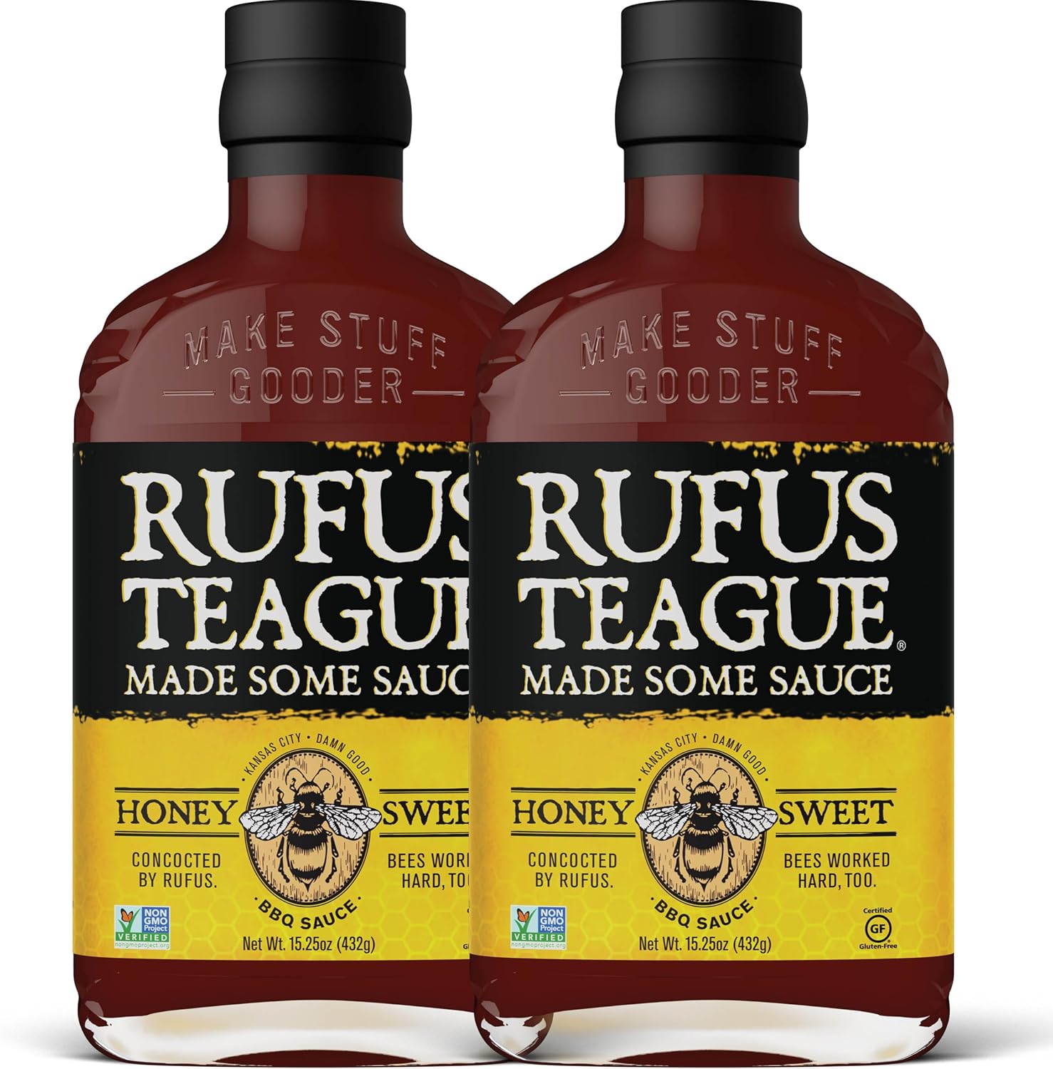 Rufus Teague Honey Sweet BBQ Sauce, 2 Pack Size, Premium Barbecue Sauces with Natural Ingredients, Award-Winning Bold Flavor, Gluten-Free, Non-GMO, 15.25 oz