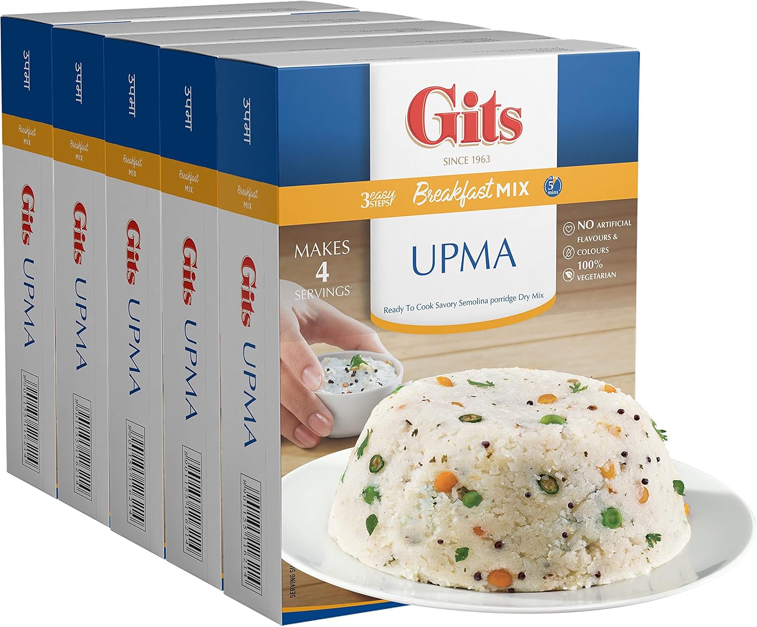 Gits Upma mix 87.5 Oz (Pack of 5X17.5 Oz each) Ready to Cook Indian Breakfast, Snack Meal | 100% Vegetarian, Easy Recipe, No Artificial Colors, Flavors, Preservatives. Vegan