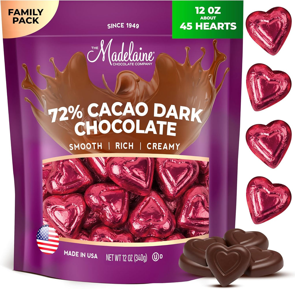 Madelaine Dark Chocolate Mini Hearts Candy – 72% Cacao Valentine’s Day Chocolates, Individually Wrapped in Burgundy Foil – 12 oz