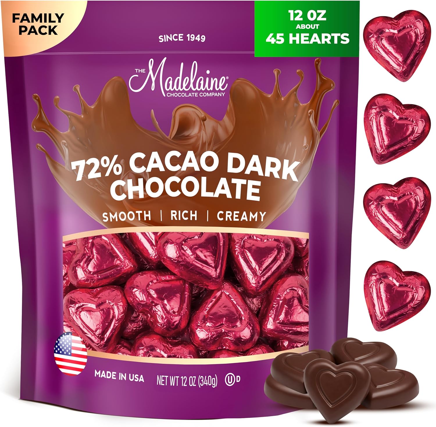 Madelaine Dark Chocolate Mini Hearts Candy – 72% Cacao Valentine’s Day Chocolates, Individually Wrapped in Burgundy Foil – 12 oz